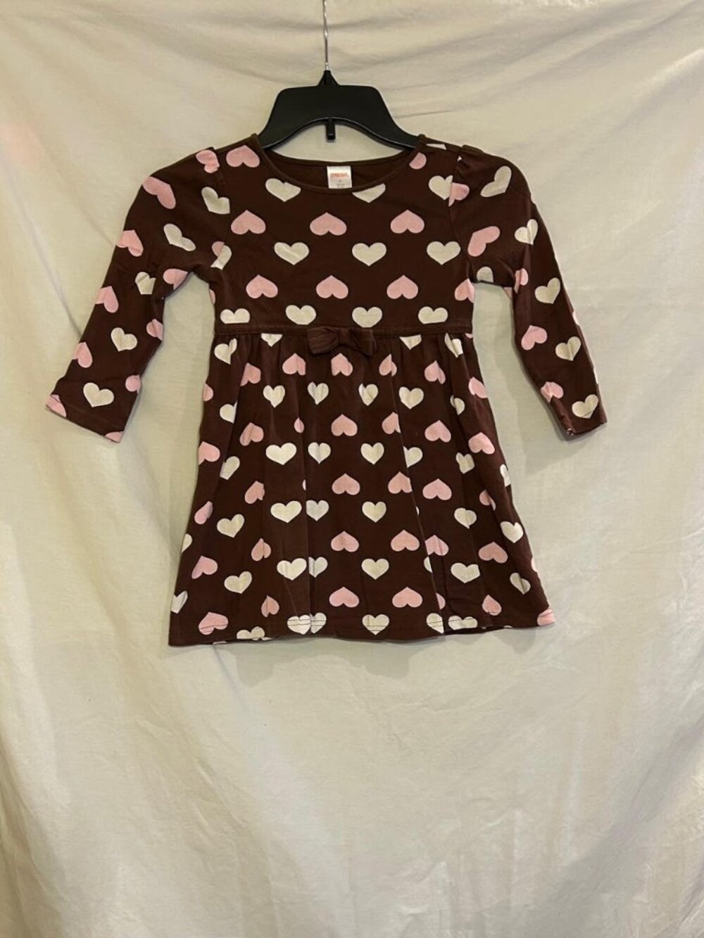 Gymboree Girls 4 Brown Pink White Heart Long Sleeve Cotton Skater Dress Classic
